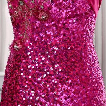 One Shoulder Pink Prom Dress,long Beading Prom..
