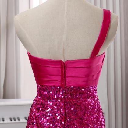 One Shoulder Pink Prom Dress,long Beading Prom..