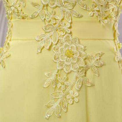 2016 Yellow Lace Evening Dress,lace Appliqued V..