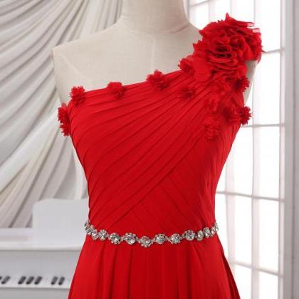 Red One Shoulder Prom Dress, Long Chiffon Prom..