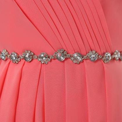 Coral V Neck Long Chiffon Evening Dress/prom..