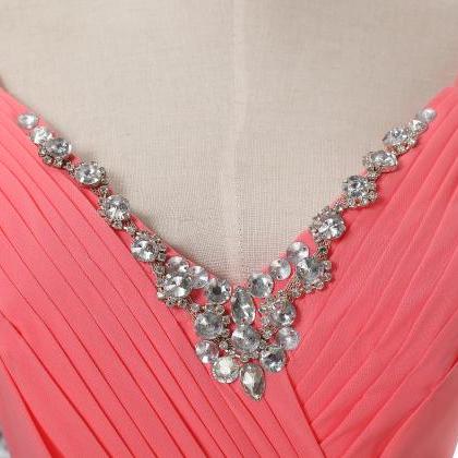 Coral V Neck Long Chiffon Evening Dress/prom..