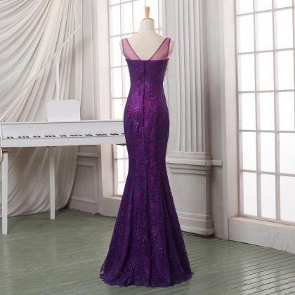 Purple Mermaid Evening Dress,formal Dress,v Neck..