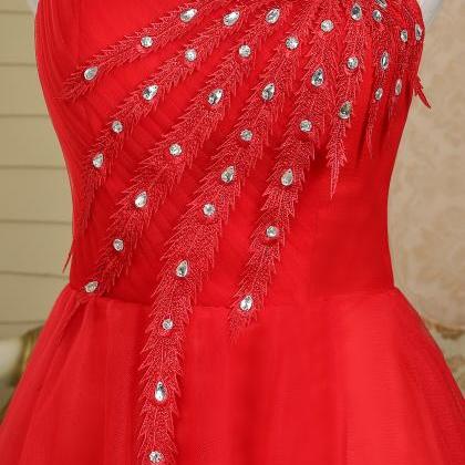 Strapless Unique Short Red Peacock Prom..