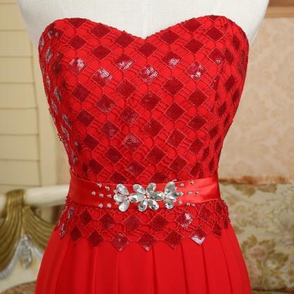 Strapless Sweetheart Red Chiffon Sequin Long..
