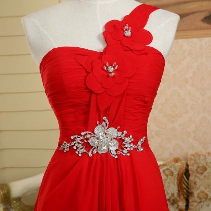 One Shoulder Floral Chiffon Pleated Ruffle Beading..