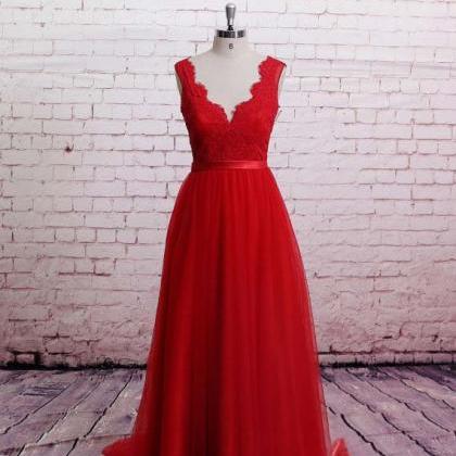 Chines Red Lace Tulle Long V Neck Sexy Open..