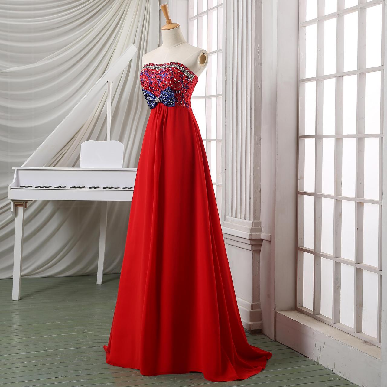 Red Sheath Strapless Pleated Beaded Sleeveless Side Train Evening Formal Dress