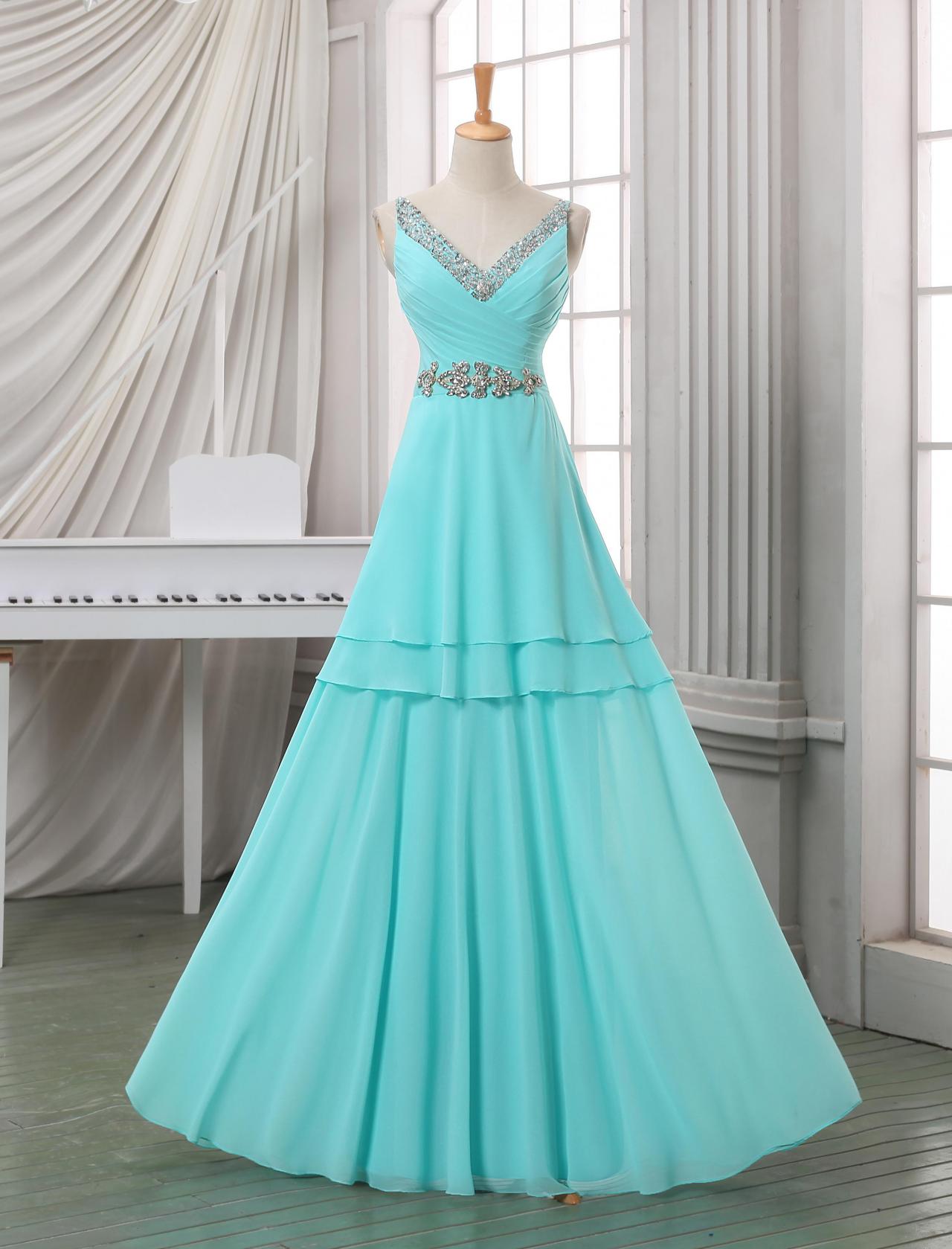 Custom Long Prom Dress With Beadings And Crystals, Deep V Neck Prom Dress,baby Blue Floor Length Prom Dress, Prom Dress.