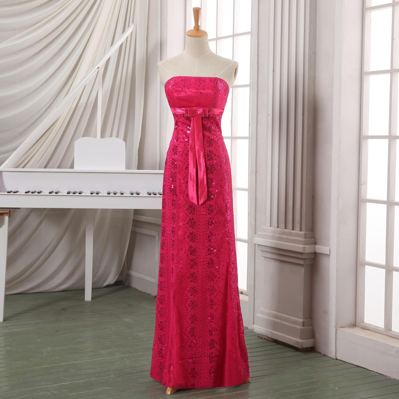 Pink Bandeau Neckline Full Length Prom Dress With Sequins And Ribbon Sash