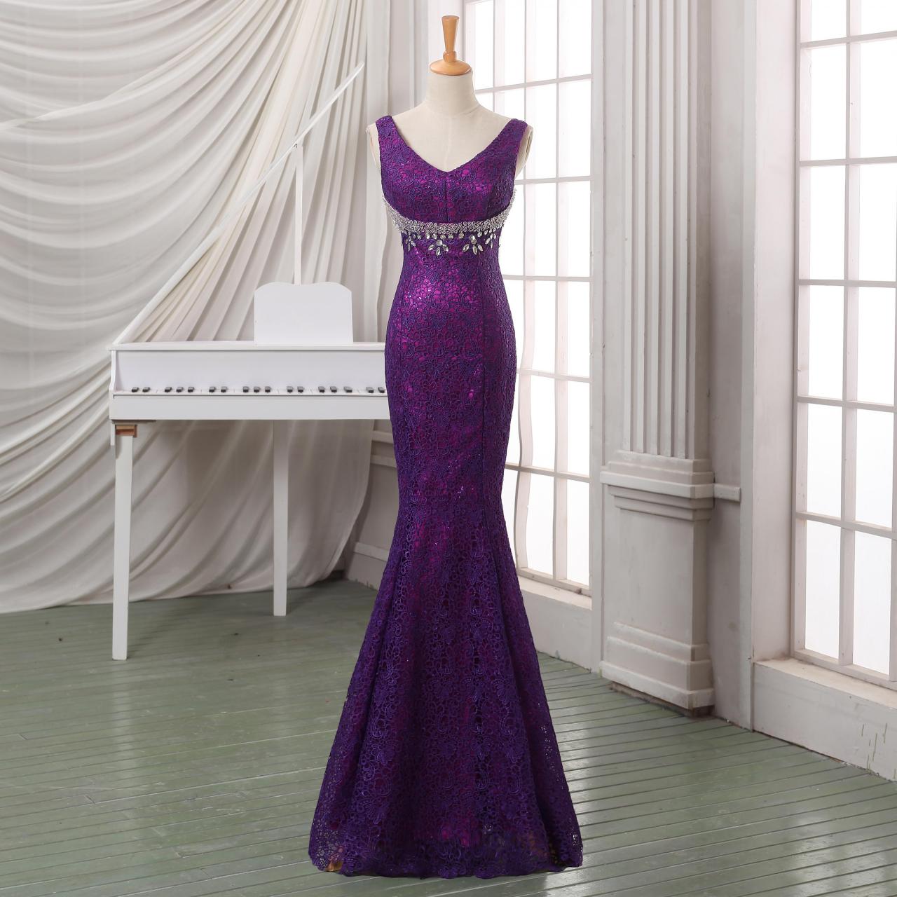 Purple Mermaid Evening Dress,formal Dress,v Neck Slim Line Lace Long Formal Evening Dress,pageant Dress 2014.