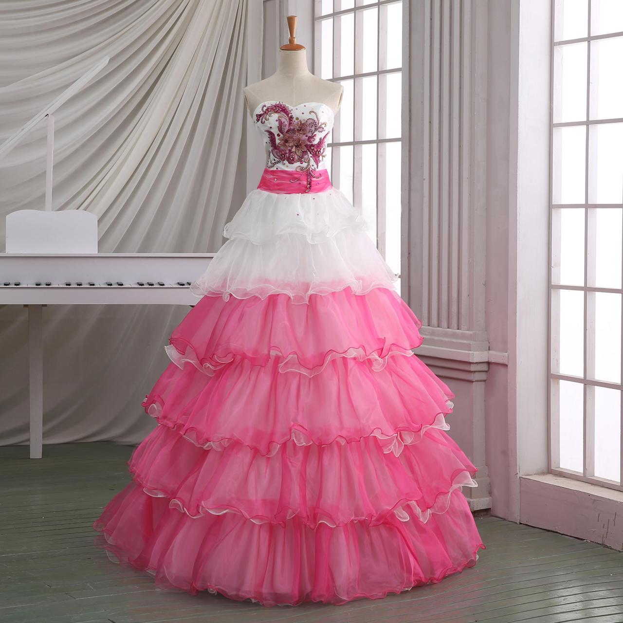 2014 Handmade Wedding Dress,white& Pink Wedding Dress With Ruffles, Wedding Dress.