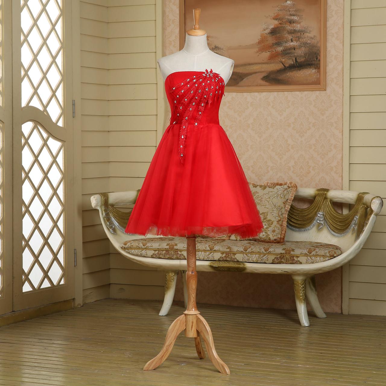 Strapless Unique Short Red Peacock Prom Dress,evening Dress,homecoming Dress,party Dress,bridesmaid Dress Wedding,club,cocktail Dress,birthday