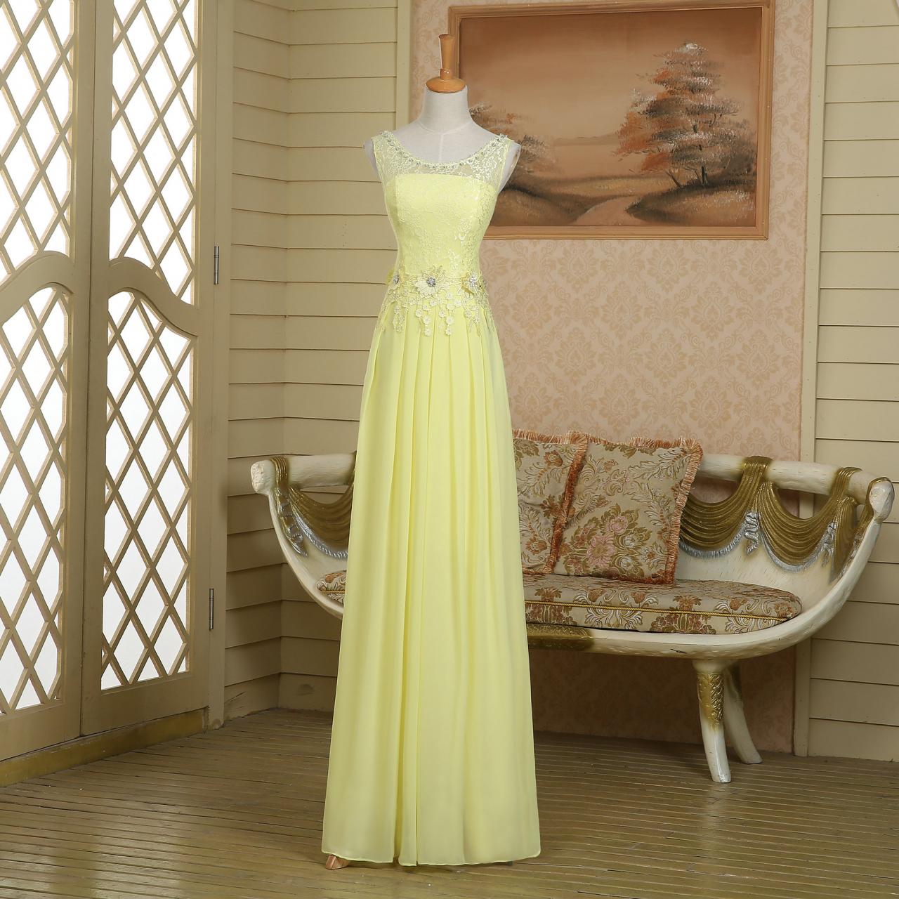 Empire Pageant Custom Modest See-through Top Yellow Chiffon Lace Long Prom Dress,evening Dress,homecoming Dress,party Dress,bridesmaid Dress