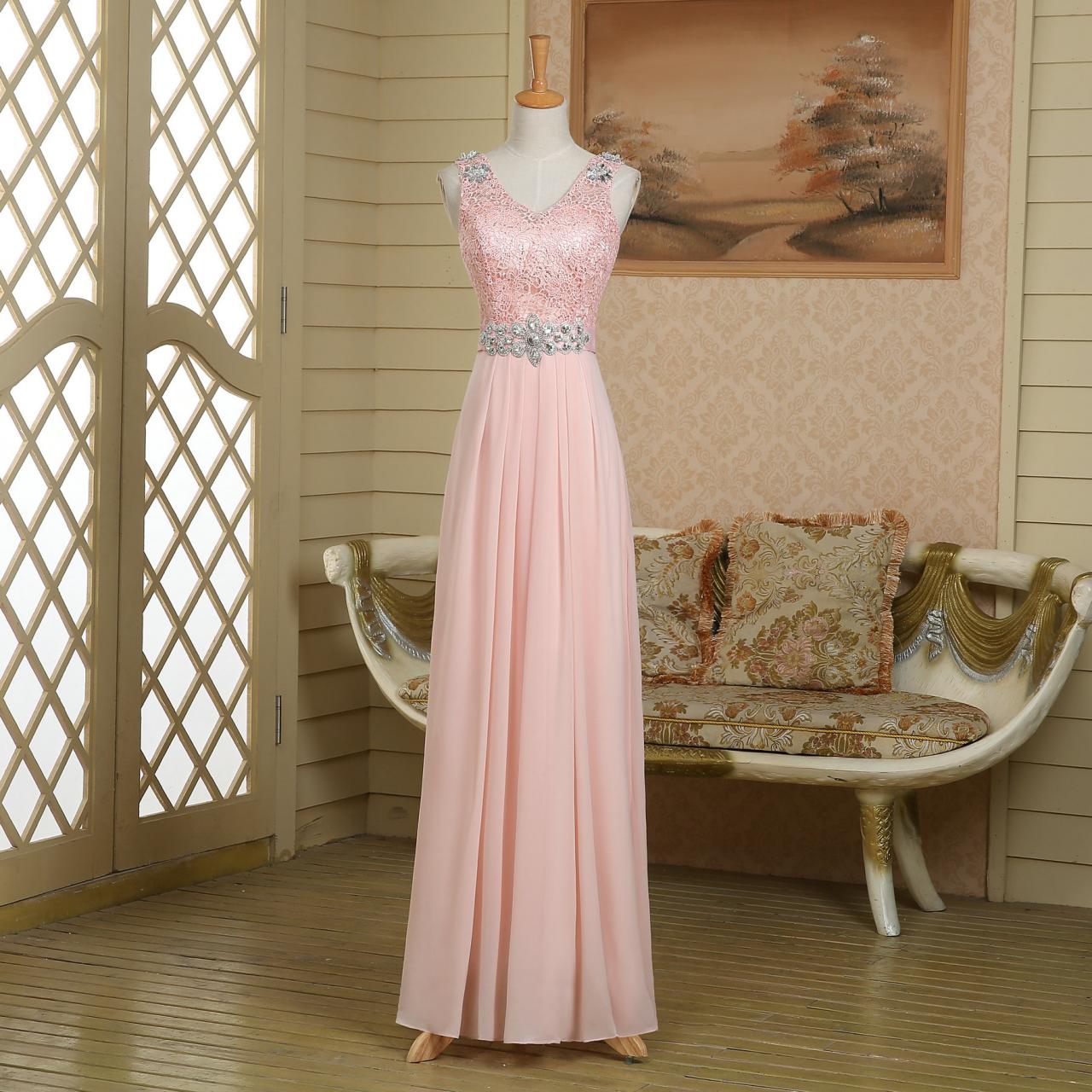 Modest Long Straps V Neck Crystals Beaded Stone Light Pink Peach Chiffon Lace Corset Woman Prom Dress,evening Dress,homecoming Dress,party