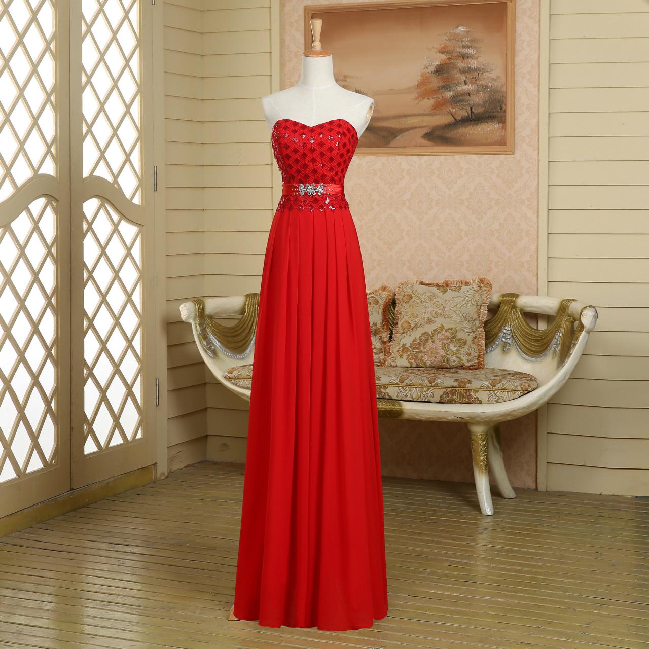 Strapless Sweetheart Red Chiffon Sequin Long Beading Rhinestone Prom Dress,evening Dress,homecoming Dress,party Dress,bridesmaid Dress