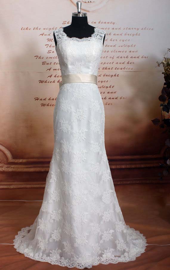 Modest Elegant Vintage Lace Long Mermaid Sheath Open Back Wedding Dress With Champagne Belt Bridal Gown Dresses For Bride Evening Dress Wedding