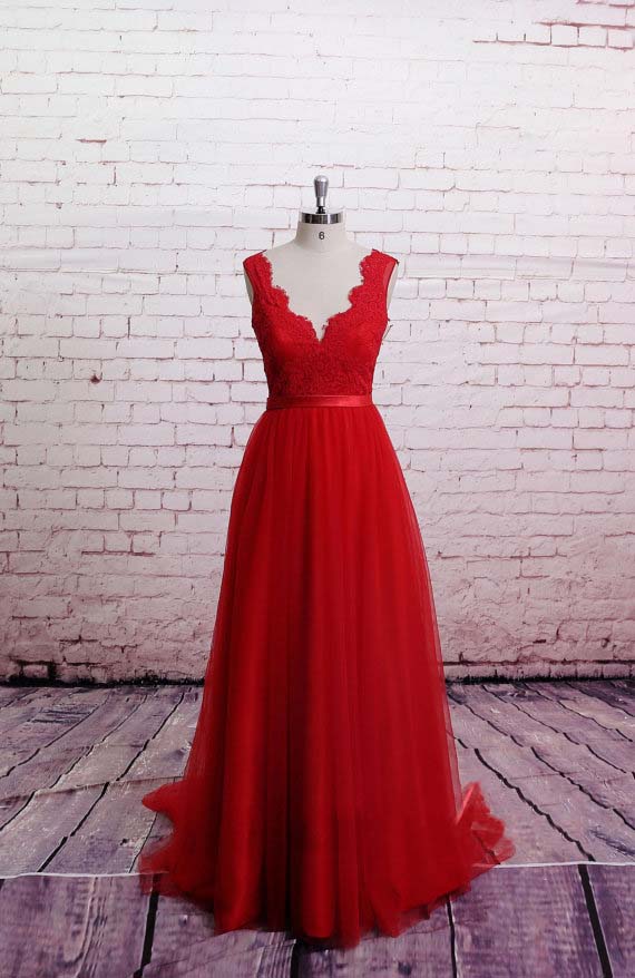 Chines Red Lace Tulle Long V Neck Sexy Open Backless Evening See-though Vintage With Satin Belt Wedding Dress Bridal Gown Dresses For Bride