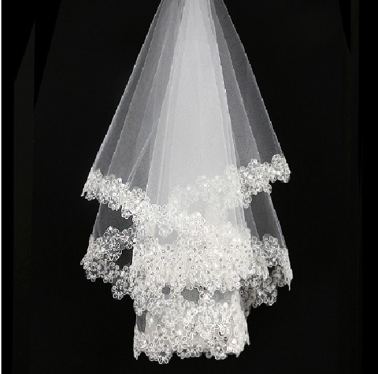 Bridal Wedding Veil One-tier Lace Cathedral Veils Cut Edge