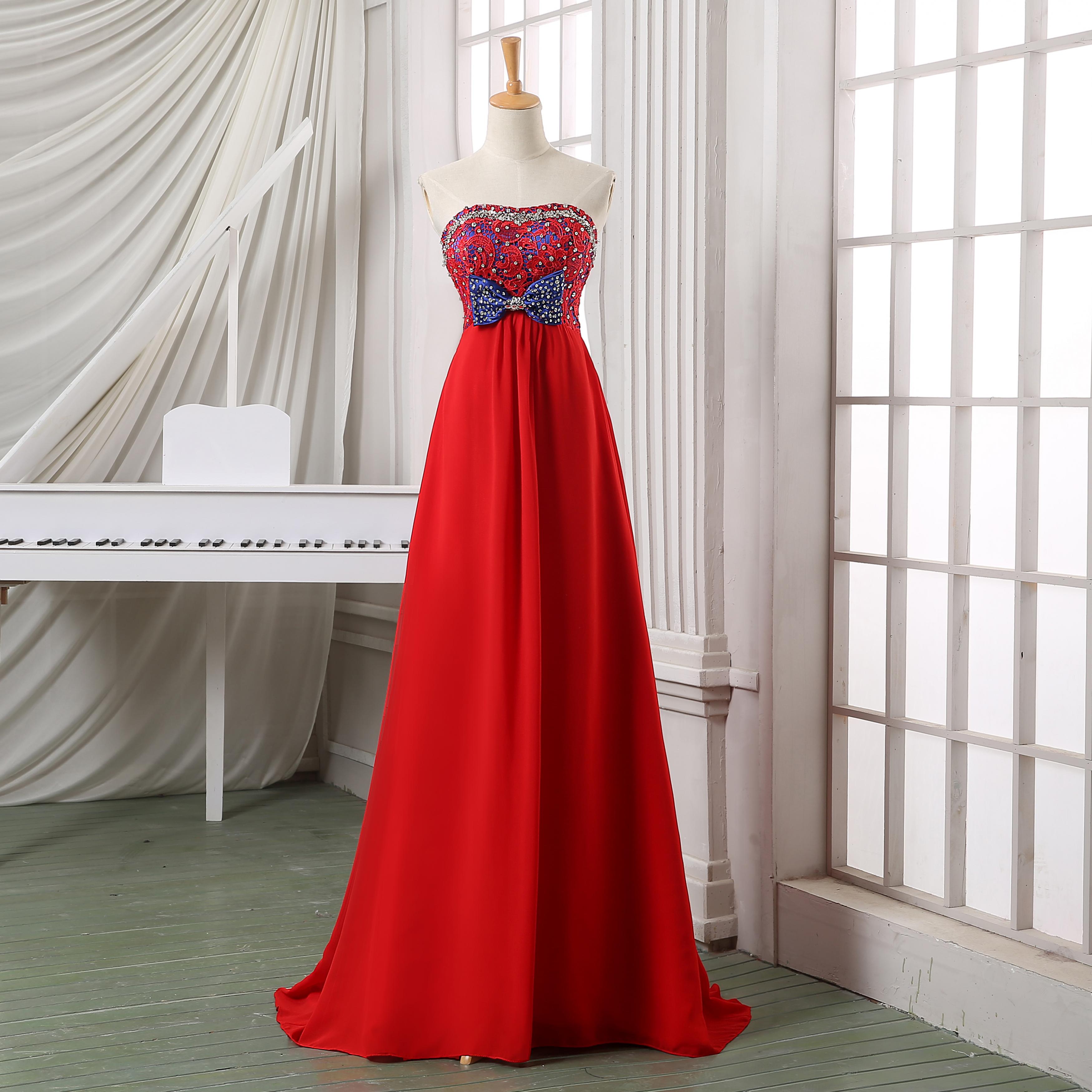 Red Strapless Lace Appliqued Beaded Long Chiffon Evening Dress,formal ...