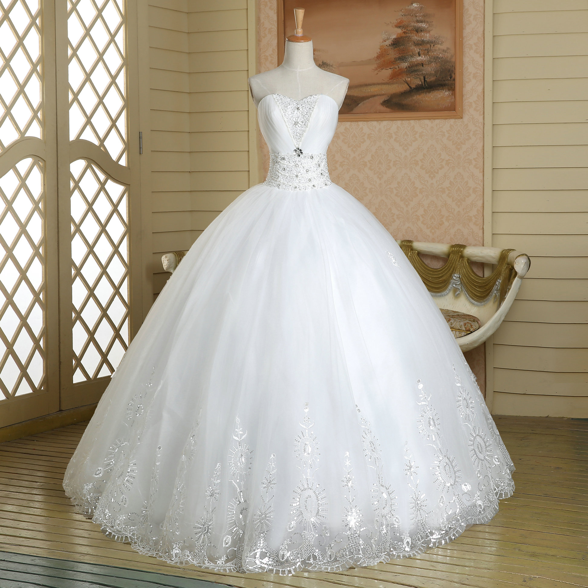 White Pageant Quinceanera Beaded Crystal Sparkly Royal Lace Long Tulle ...